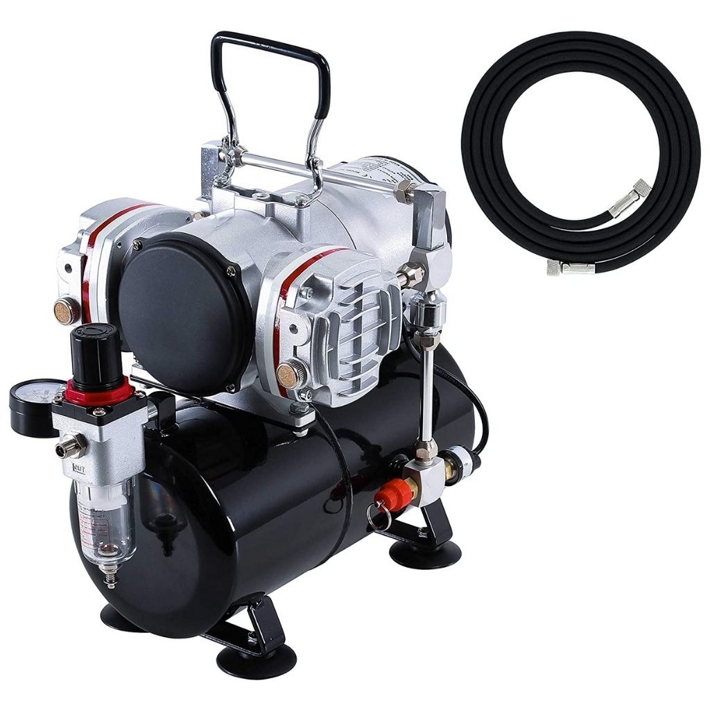 Master Airbrush Model TC-828, High-Performance Twin Cylinder Piston Air Compressor with Tank and a Free 6 Inch Airbrush Hose